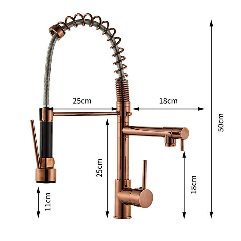 Brass Rose Gold High Pressure Pull Spring Double Outlet Kitchen Tap