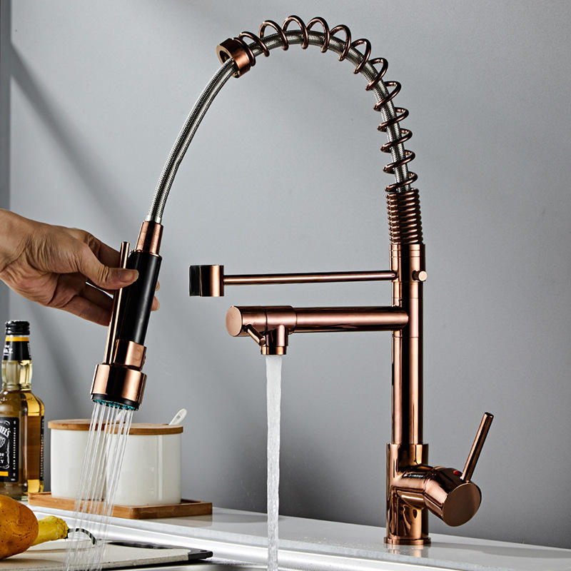 Brass Rose Gold High Pressure Pull Spring Double Outlet Kitchen Tap