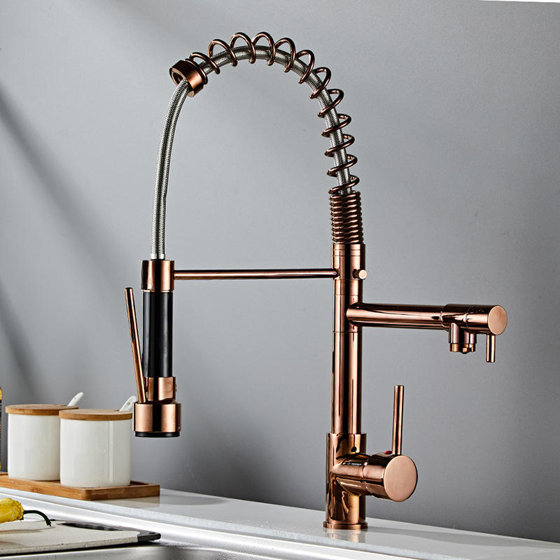 Brass Rose Gold High Pressure Pull Spring Double Outlet Kitchen Tap
