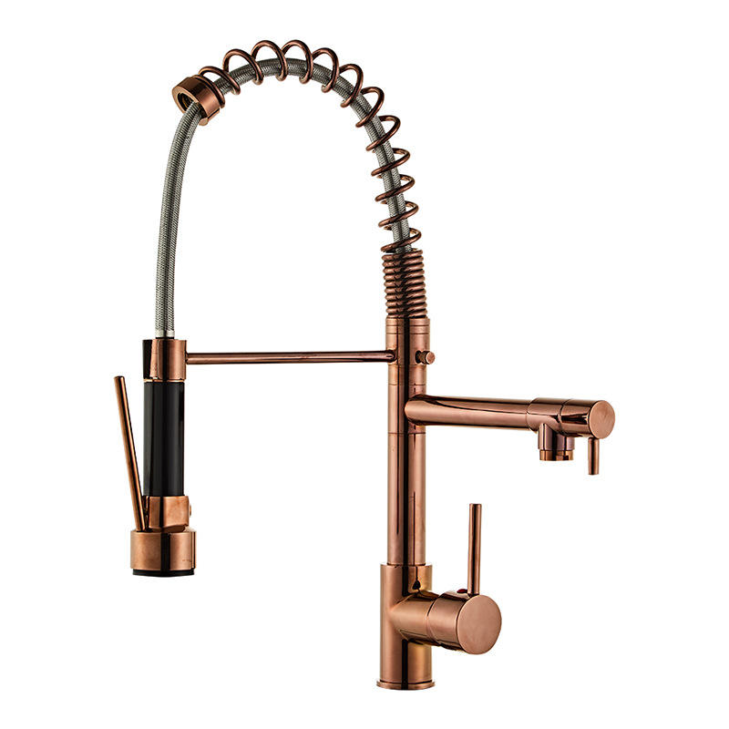 Brass Rose Gold High Pressure Pull Spring Double Outlet Kitchen Tap