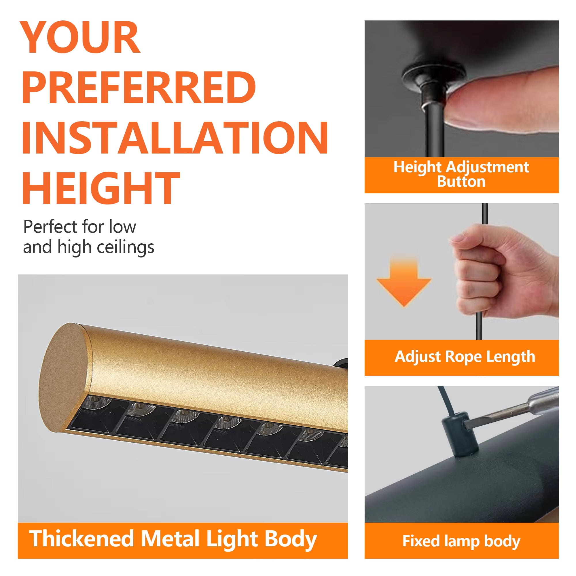 Black & Gold LED Pendant Light, 1900mm Adjustable Hanging Fixture for Dining Room Kitchen Living Room