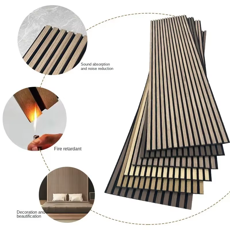 Acoustic Slat Wood Wall Panels Polyester Fiber Walnut Color Akupanel Wood Wall Panels with LED Light