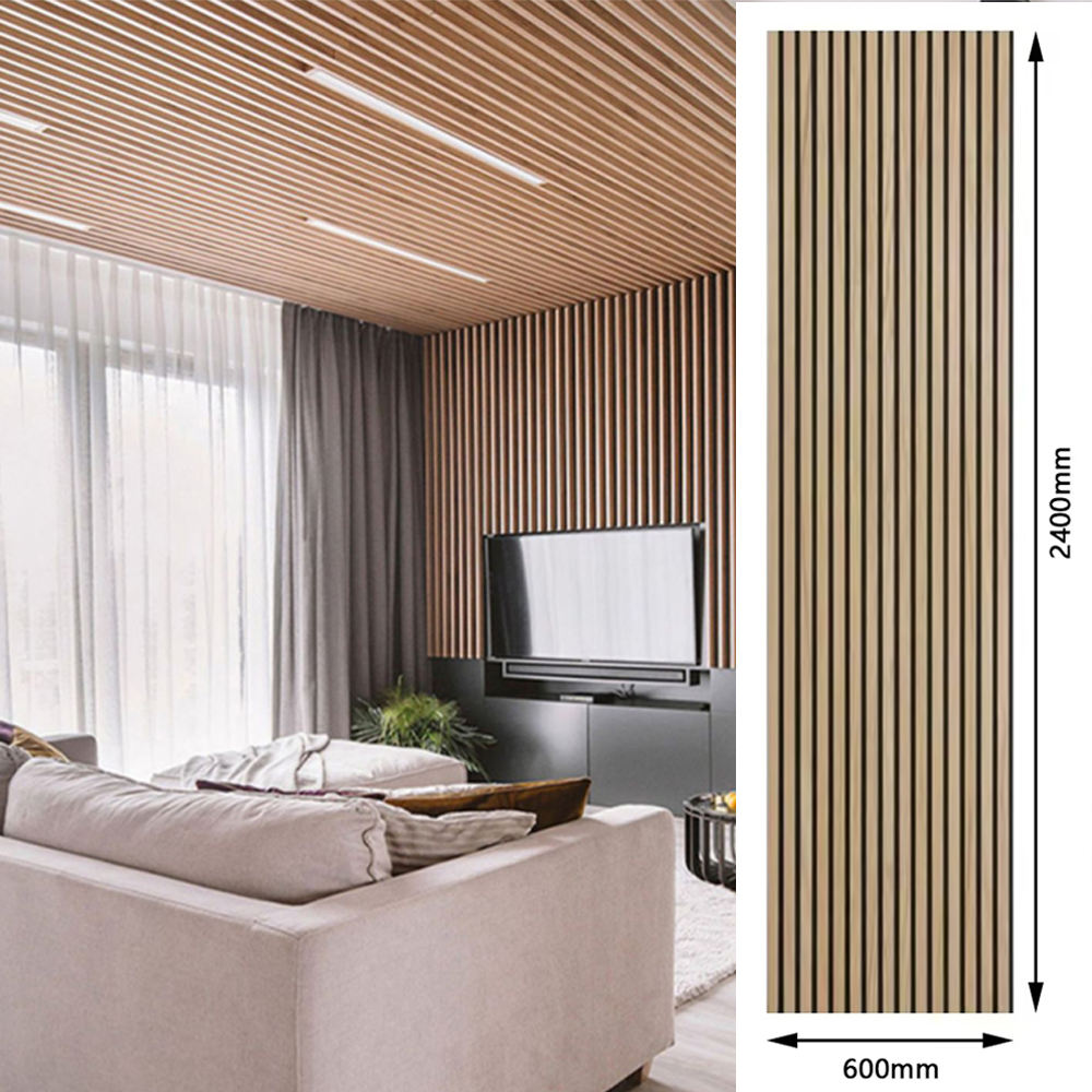 Acoustic Slat Wood Wall Panels Polyester Fiber Walnut Color Akupanel Wood Wall Panels with LED Light