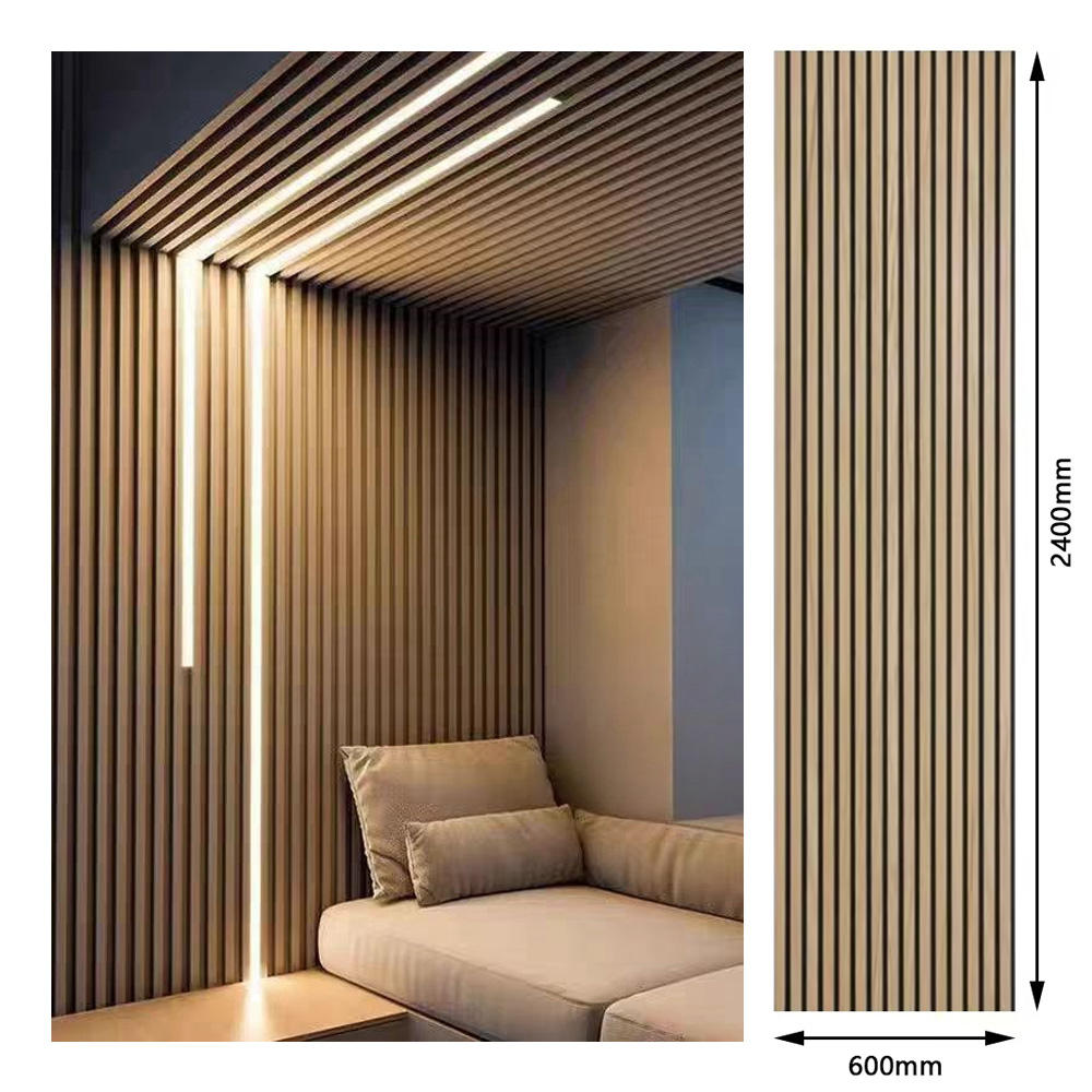 Acoustic Slat Wood Wall Panels Polyester Fiber Walnut Color Akupanel Wood Wall Panels with LED Light