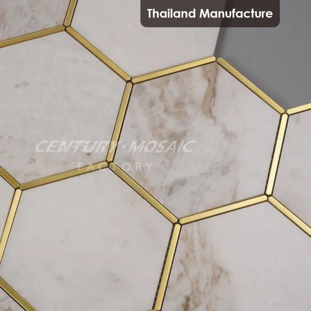 Mosaic High Quality Glorious White Brass Edging Marble Hexagon Mosaic Tile
