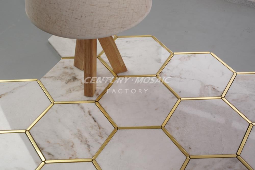Mosaic High Quality Glorious White Brass Edging Marble Hexagon Mosaic Tile