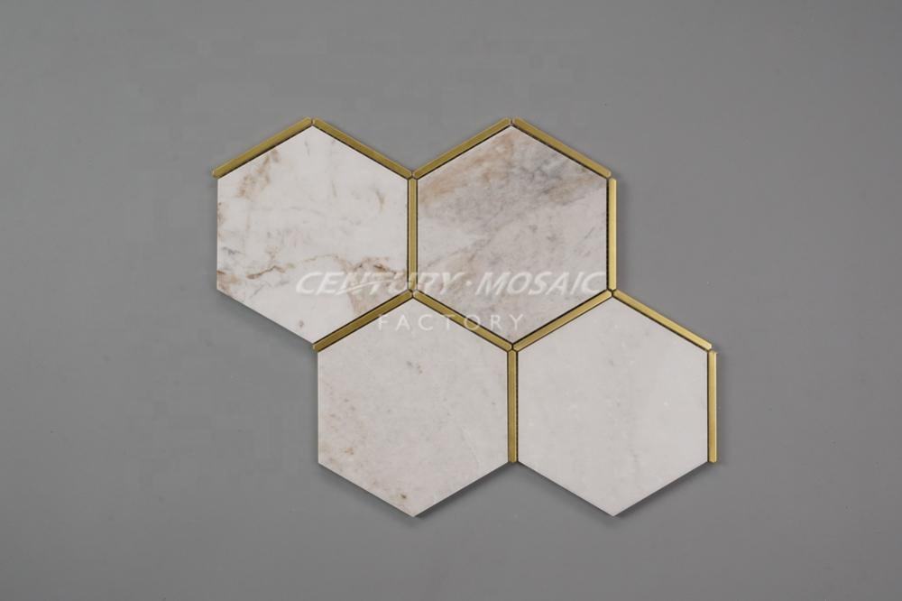 Mosaic High Quality Glorious White Brass Edging Marble Hexagon Mosaic Tile