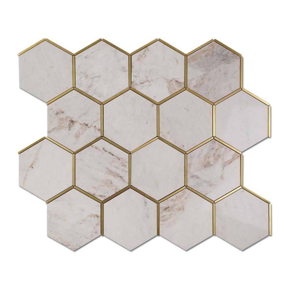 Mosaic High Quality Glorious White Brass Edging Marble Hexagon Mosaic Tile
