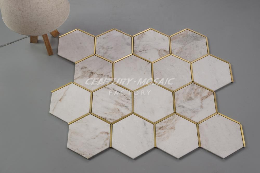 Mosaic High Quality Glorious White Brass Edging Marble Hexagon Mosaic Tile