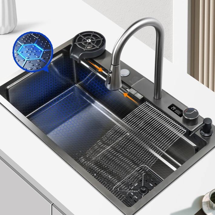 Multifunction Black Undermount Modern Waterfall Smart Kitchen Sinks Stainless Steel Modern Pull Out Faucet
