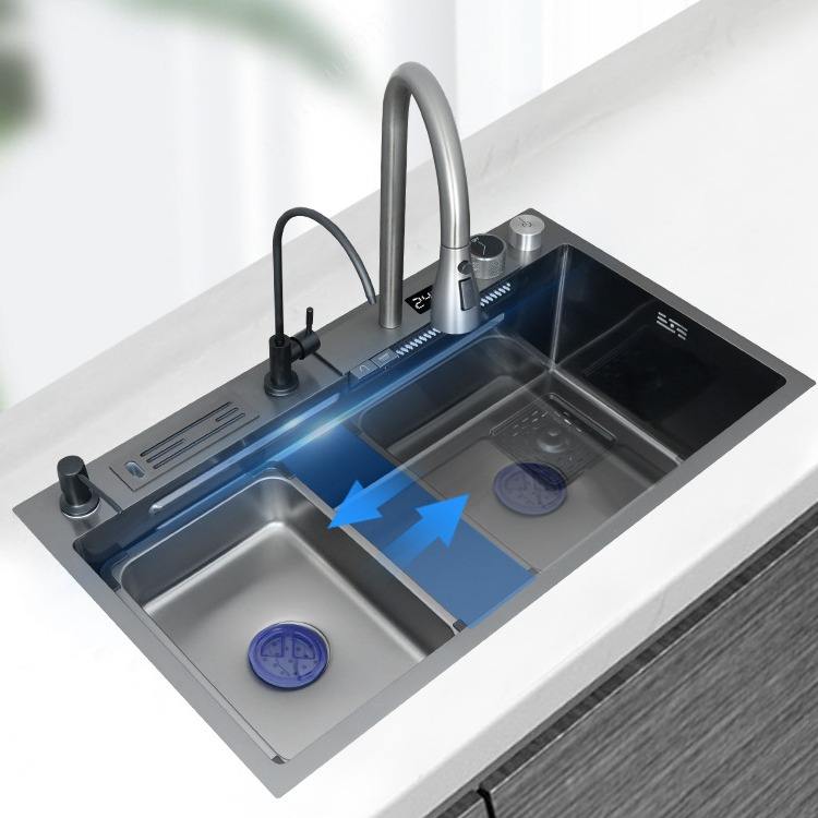 Multifunction Black Undermount Modern Waterfall Smart Kitchen Sinks Stainless Steel Modern Pull Out Faucet