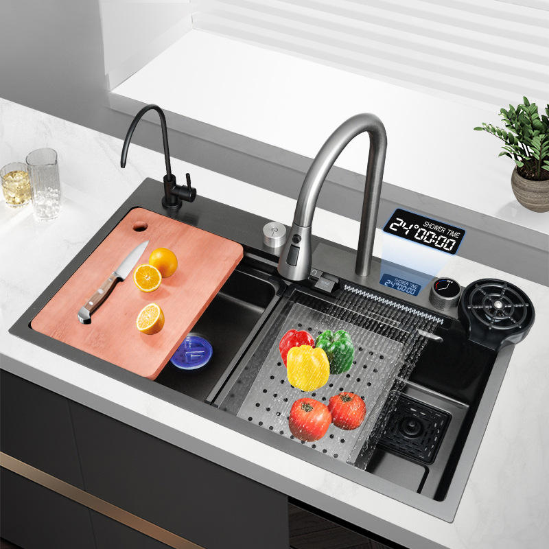 Multifunction Black Undermount Modern Waterfall Smart Kitchen Sinks Stainless Steel Modern Pull Out Faucet