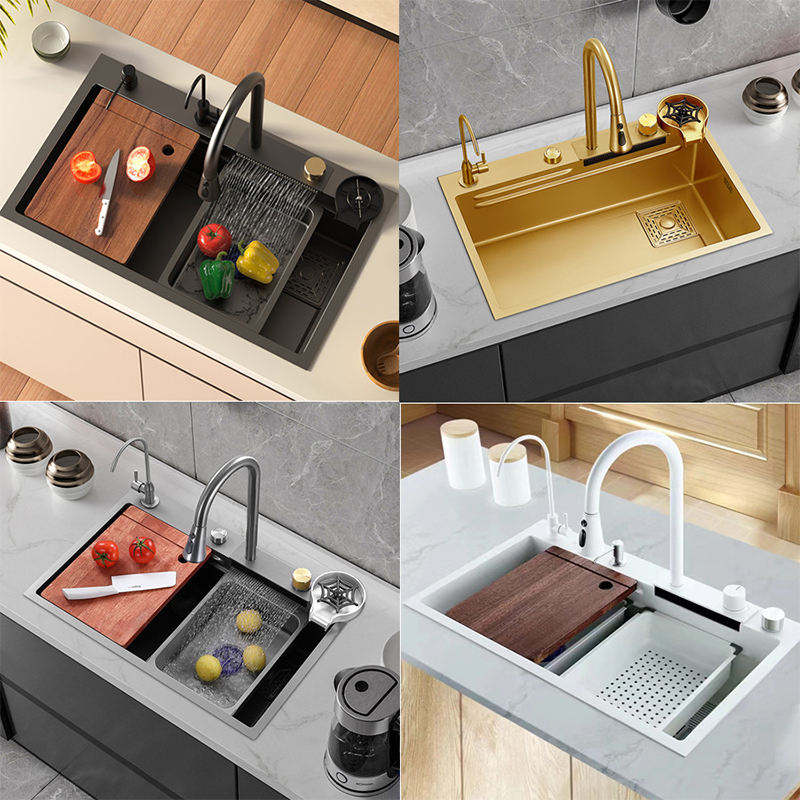 Multifunction Black Undermount Modern Waterfall Smart Kitchen Sinks Stainless Steel Modern Pull Out Faucet