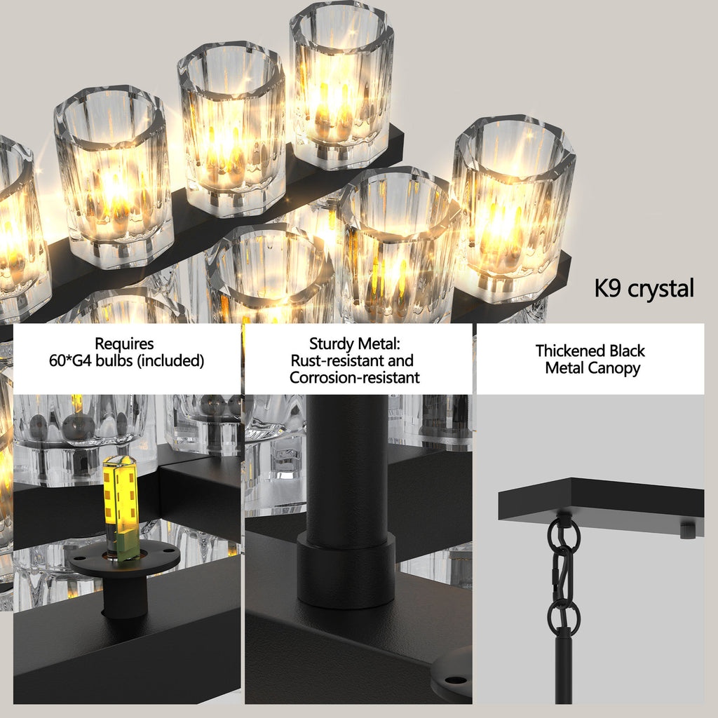Luxury Rectangular Black Crystal Chandelier 136 cm with Adjustable Height K9 Crystals Ceiling Light for