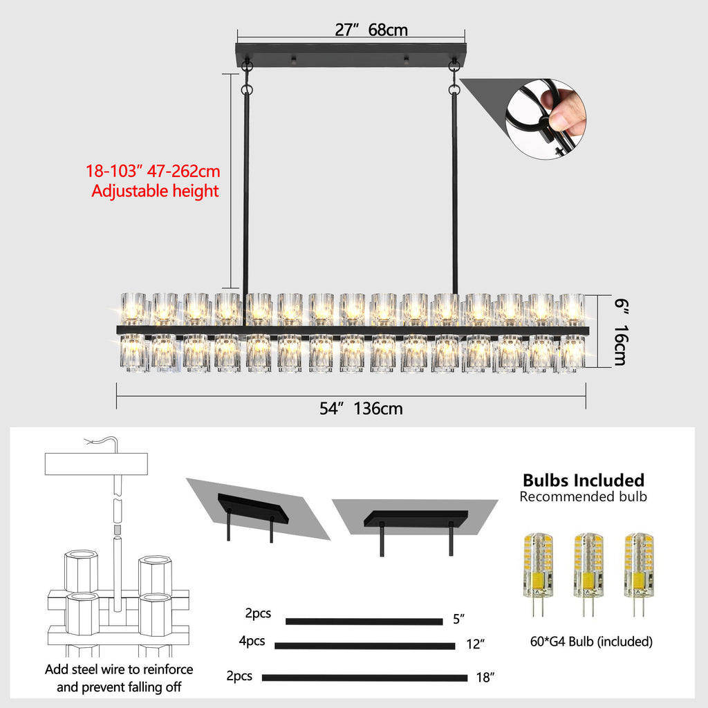 Luxury Rectangular Black Crystal Chandelier 136 cm with Adjustable Height K9 Crystals Ceiling Light for