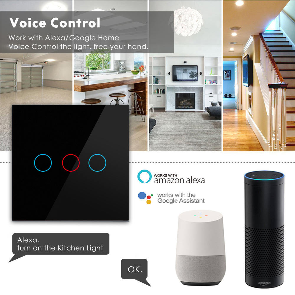 Smart Touch Switch 1/2/3gang EU/UK/AU/NZ Tempered Glass 10A 2000W Remote Light Control