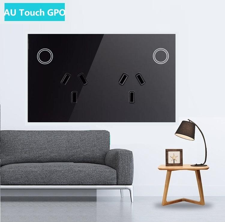 Australia SAA AU Tempered Glass Panel Touch In Wall Mounted Twin Power Point Two Gang Touch Power GPO Electrical Wall Socket
