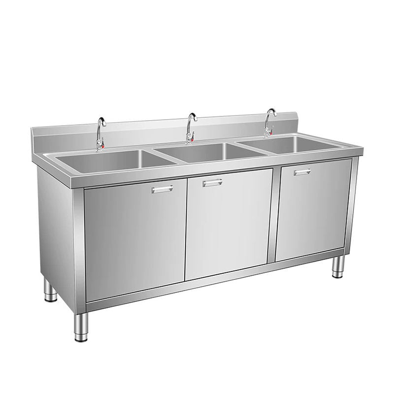 Commercial Kitchen Integrated Cabinet Thickened 304 Stainless Steel Sink Three Basin for Hotel & Restaurant