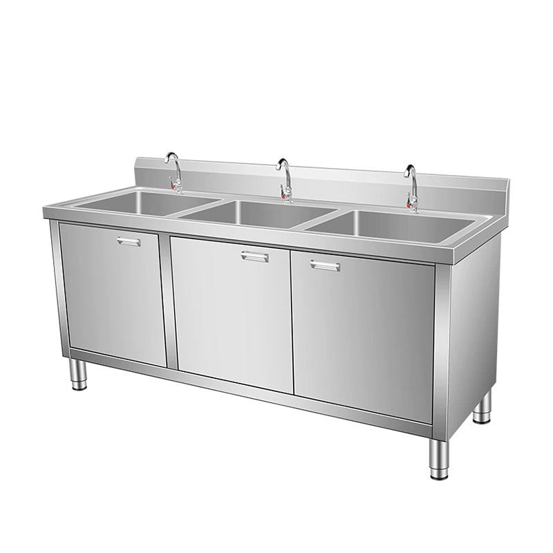 Commercial Kitchen Integrated Cabinet Thickened 304 Stainless Steel Sink Three Basin for Hotel & Restaurant