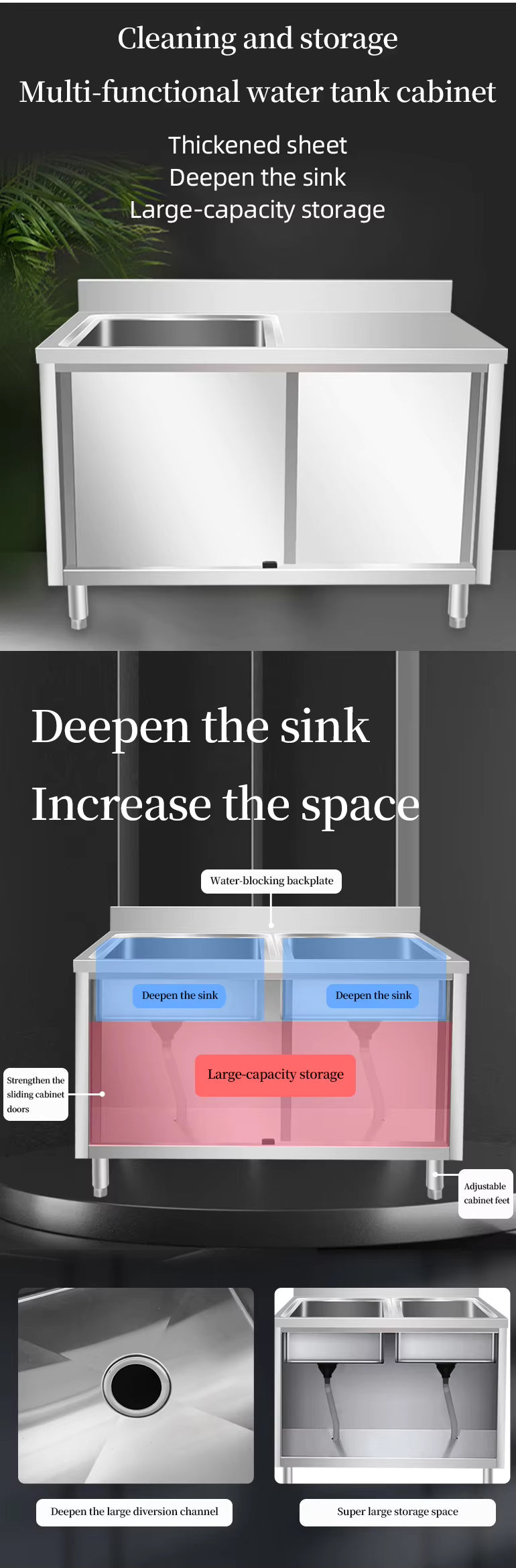 Commercial Kitchen Integrated Cabinet Thickened 304 Stainless Steel Sink Three Basin for Hotel & Restaurant
