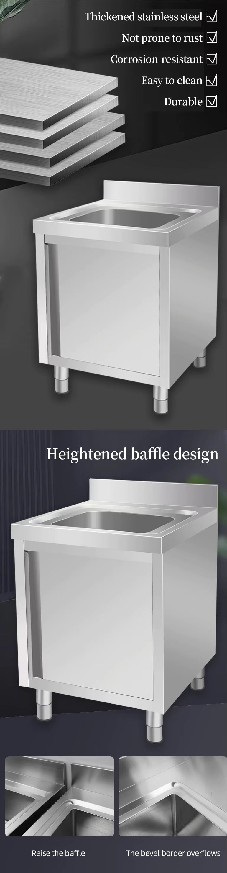 Commercial Kitchen Integrated Cabinet Thickened 304 Stainless Steel Sink Three Basin for Hotel & Restaurant