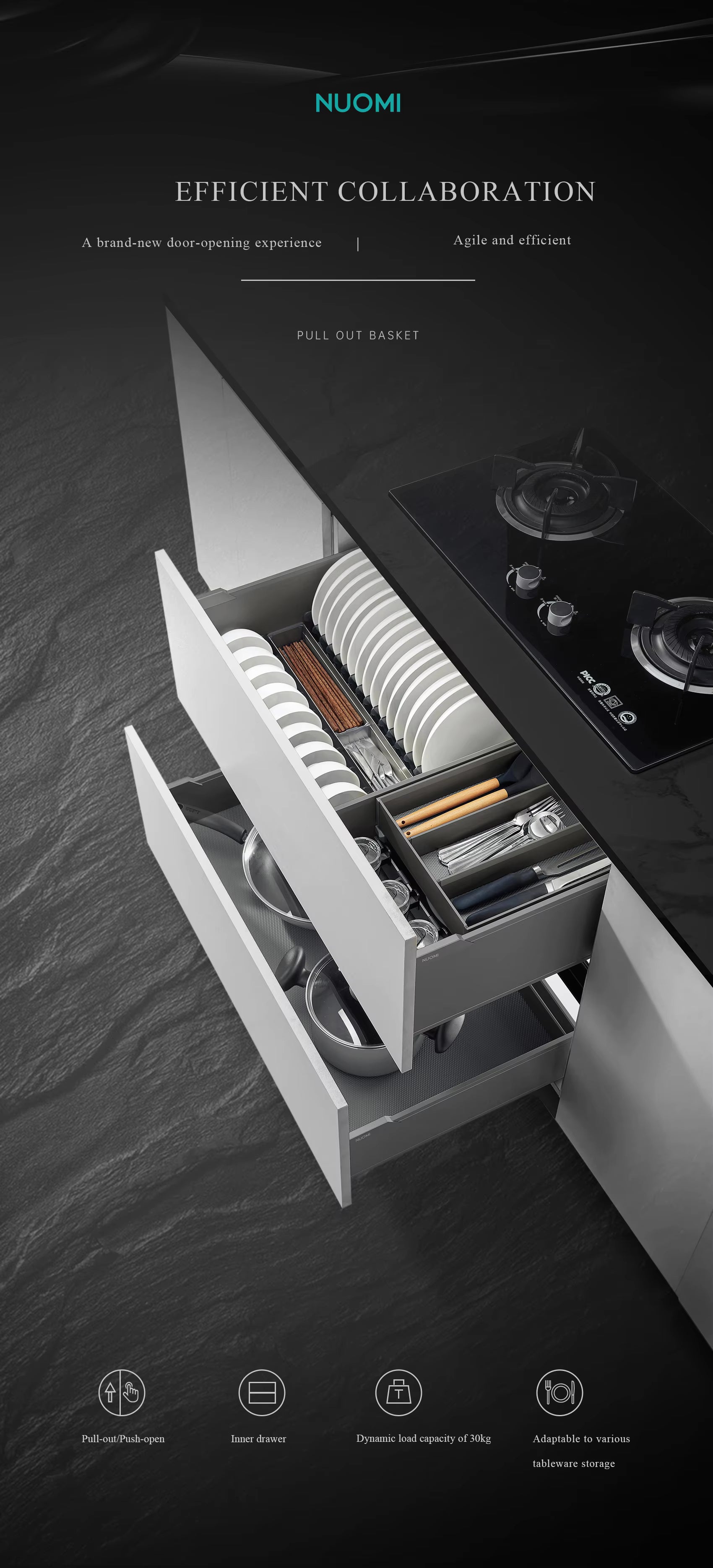 NUOMI Modern Kitchen Storage Drawer Sliding Cabinet Organizer Metal Multifunctional