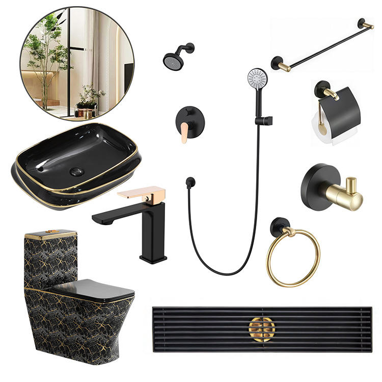 Luxury WC Black & Gold/Toilet Bowl, Bathroom Sink, Wall Mounted Accessories Complete Set
