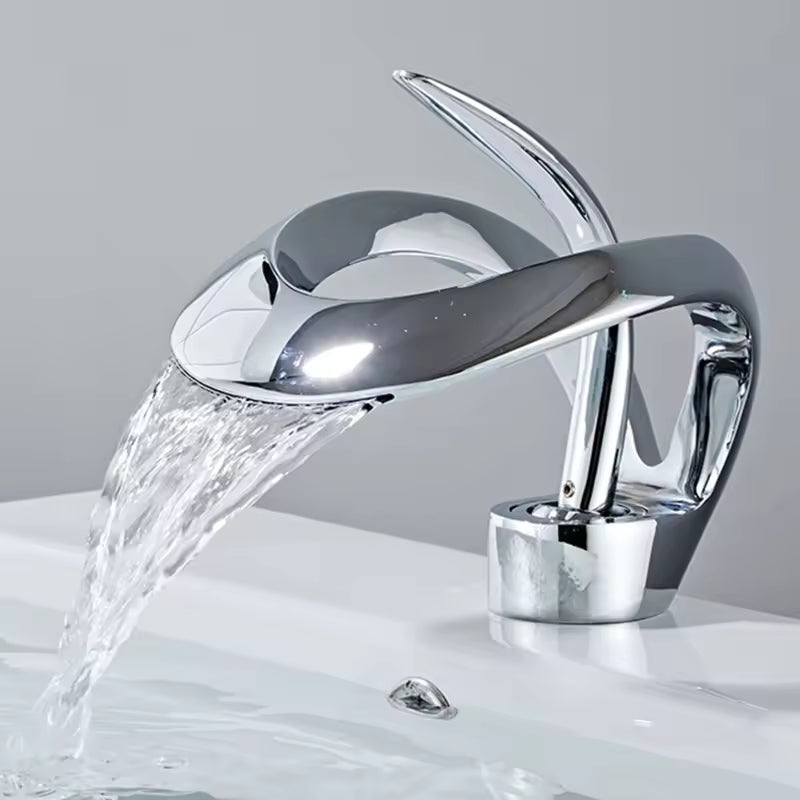 Bathroom Waterfall Basin Faucet Single Hole Mounted Ceramic Valve Core Hot & Cold Water