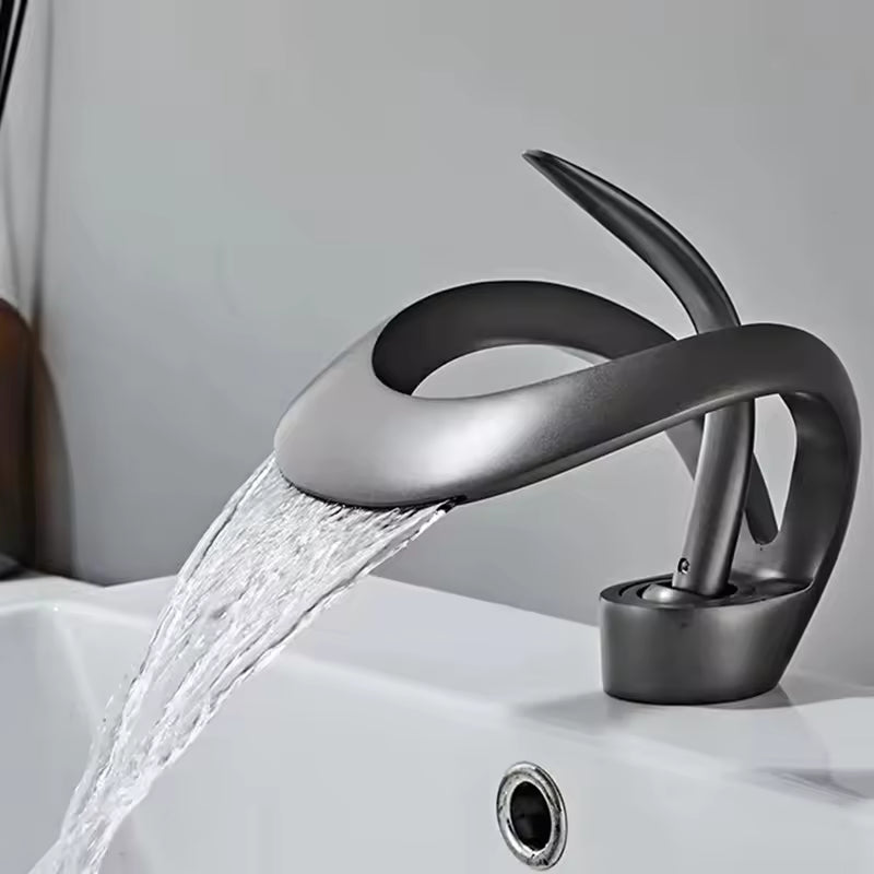 Bathroom Waterfall Basin Faucet Single Hole Mounted Ceramic Valve Core Hot & Cold Water