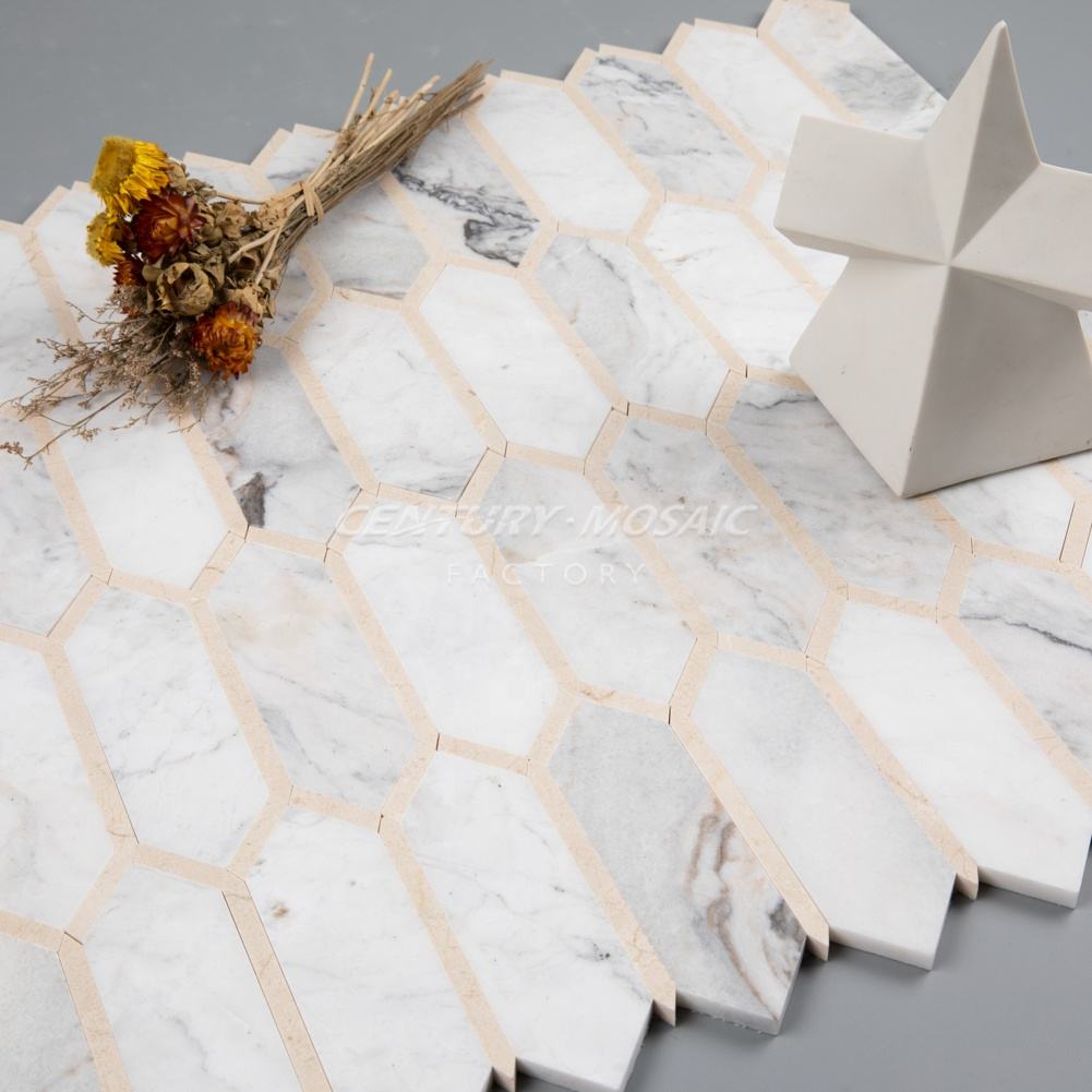 Gold & Marble Kitchen Tile Mosaic Long Hexagon Design