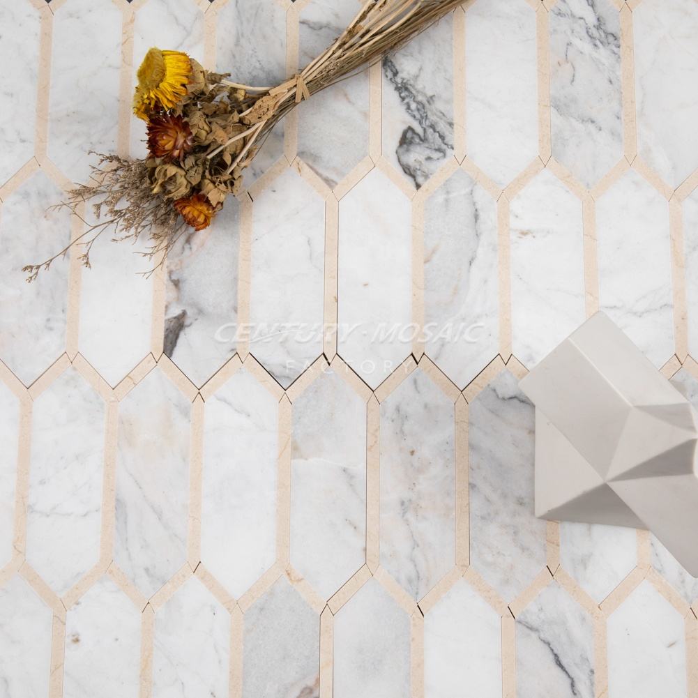 Gold & Marble Kitchen Tile Mosaic Long Hexagon Design