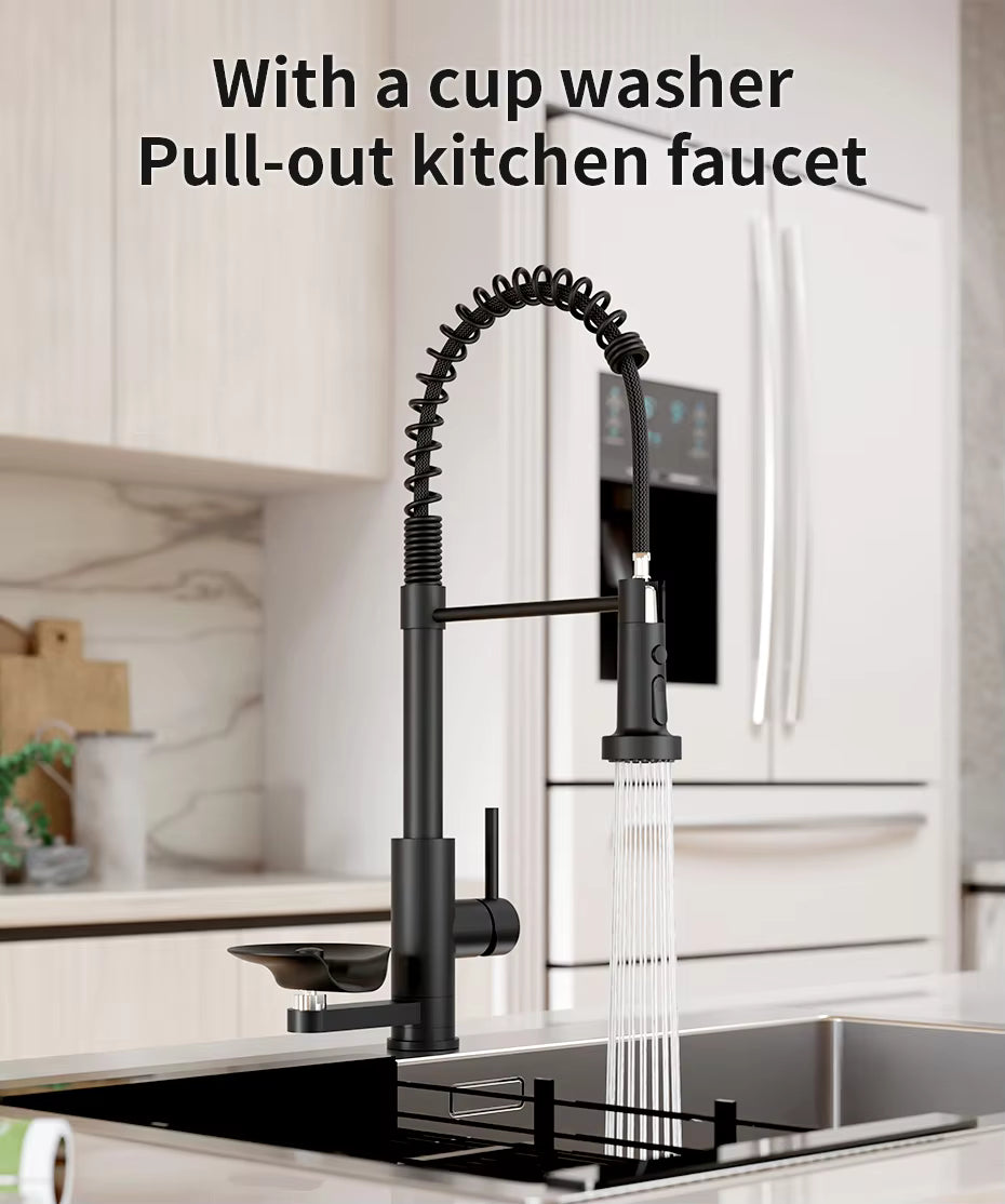 Premium Glass Rinse Station & Stainless Steel Pull Out Spray Kitchen Faucet